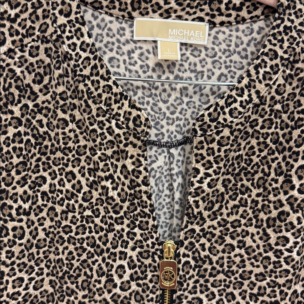 Michael Kors Leopard-Print Zip Front Blouse in Brown and Black - Picture 3 of 4